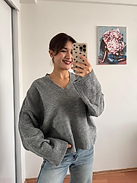 V yaka triko kazak -gri