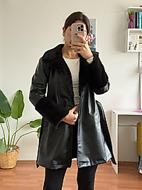 Peluş detay deri ceket - siyah