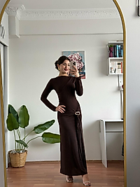 Gold tokalı elbise -kahverengi