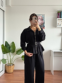 Kemer detay pileli takım - siyah