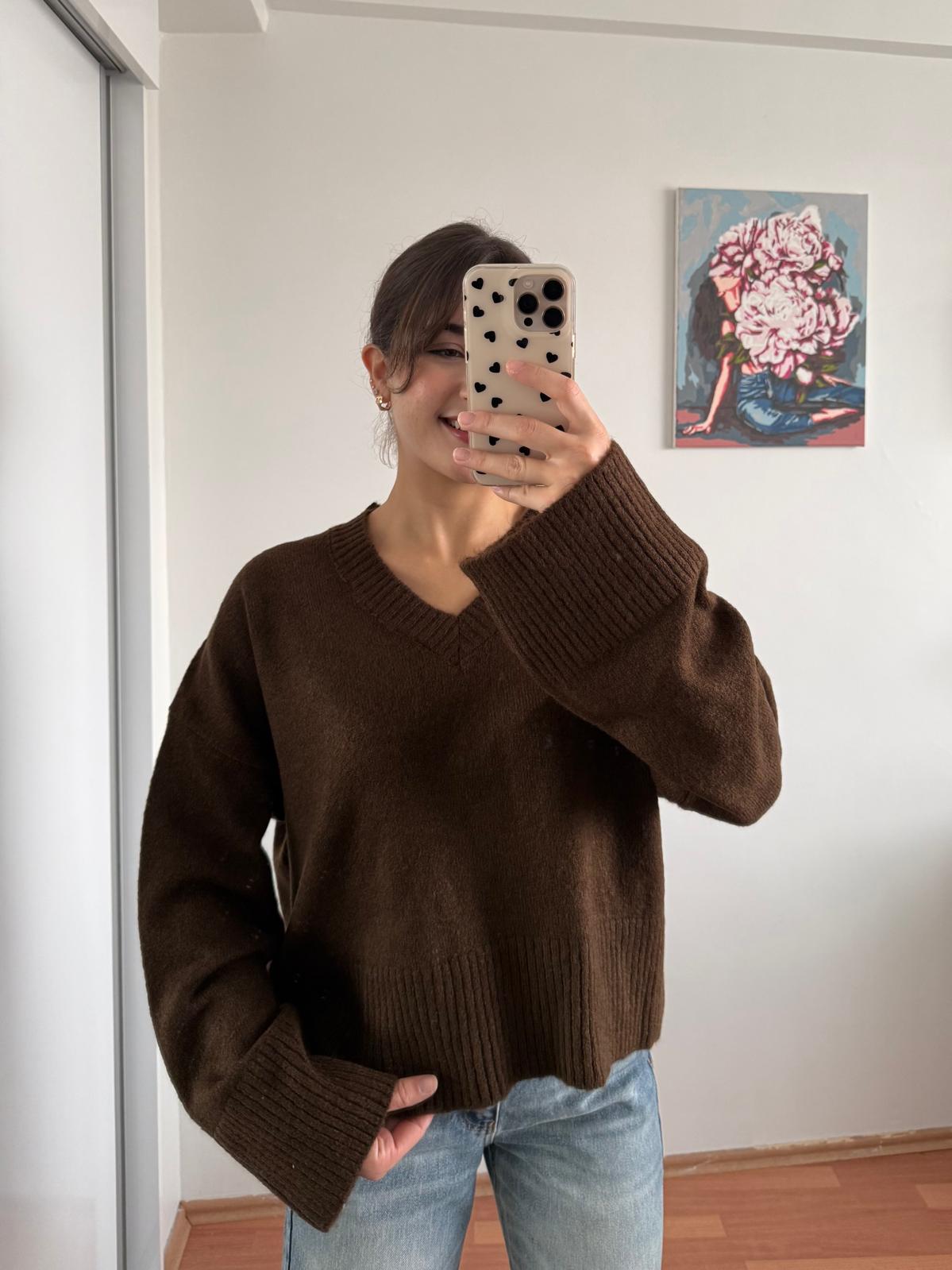 V yaka triko kazak -kahverengi