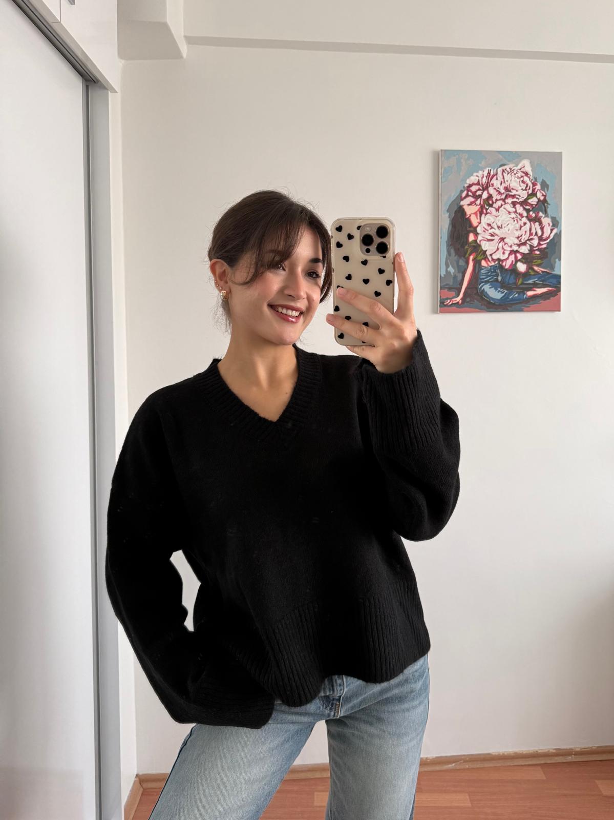 V yaka triko kazak -Siyah