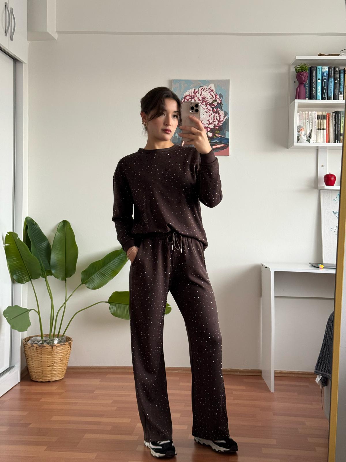 Taş detay oyşo takım - kahverengi