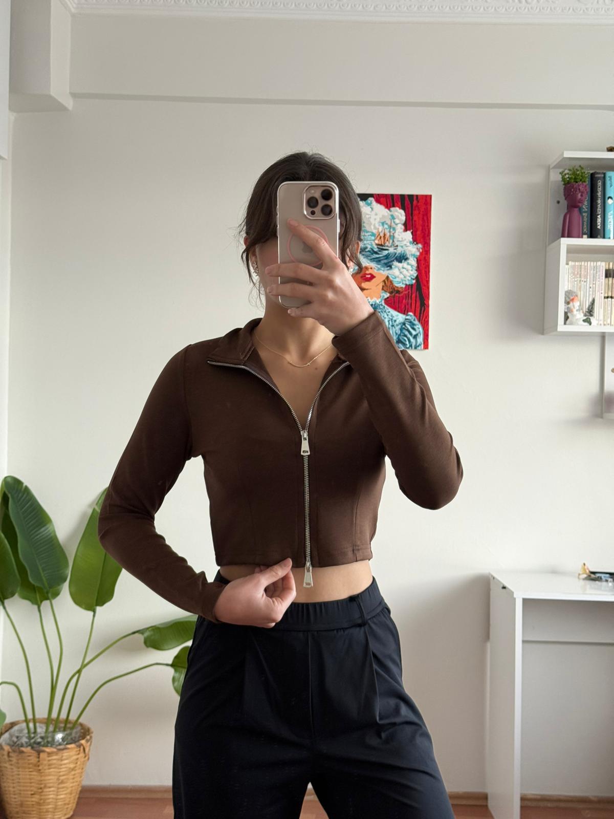 Oysho çift fermuarlı hırka (kahverengi)