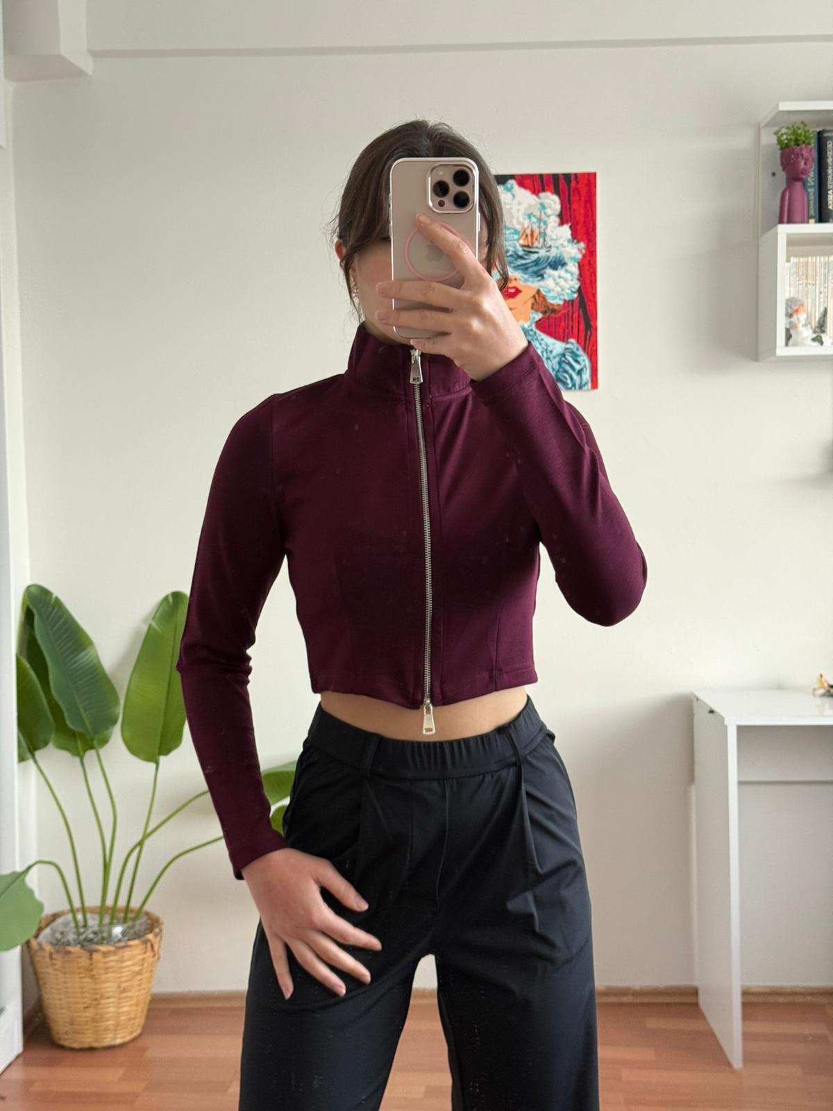 Oysho çift fermuarlı hırka (bordo)