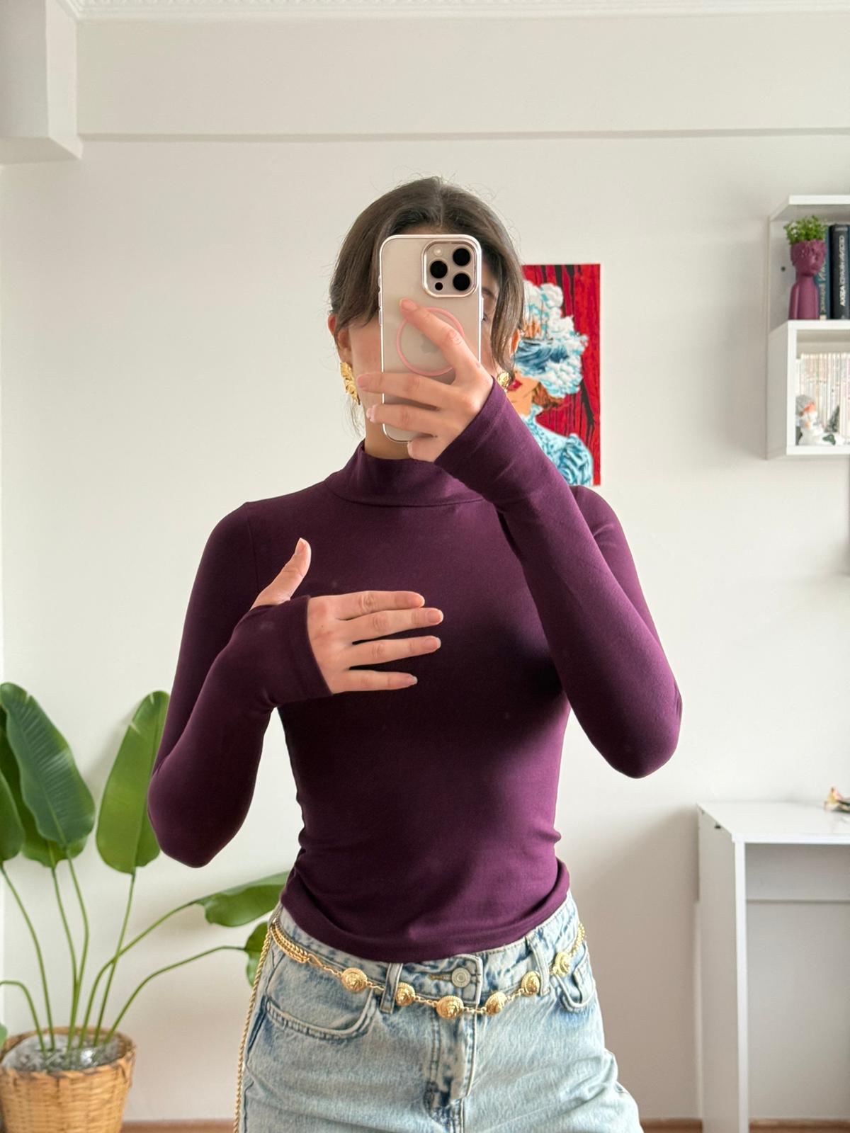 Parmak geçmeli boğazlı bluz (bordo)